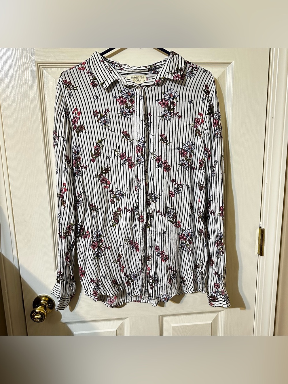 Maeve White Striped Button-Down Shirt with Pink Floral Print